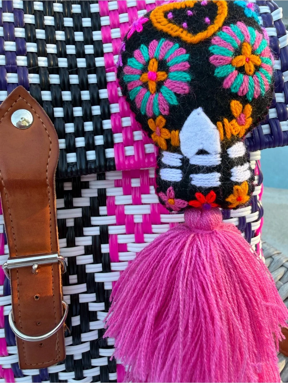 Woven Geometric Backpack Tote with Tassel Charm